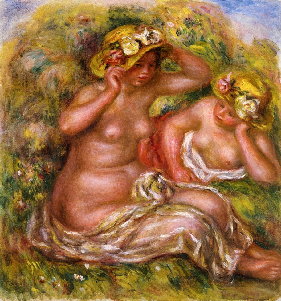 Two Women with Flowered Hat - Pierre-Auguste Renoir painting on canvas